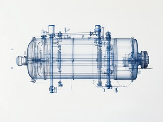 Blueprint-style cylindrical water filtration system cross-section for eco-friendly manufacturing, white background.