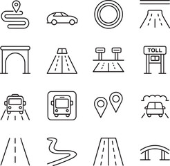 Transportation and Road Icons Featuring Cars, Tunnels, and Navigation travel journey