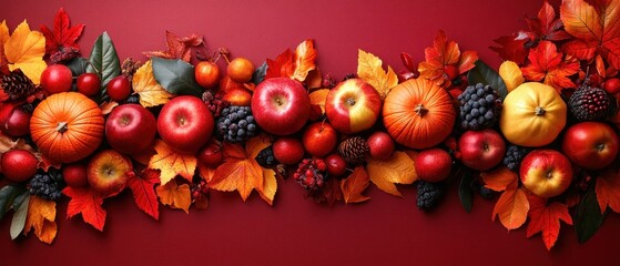 Autumn Harvest Abundance: A Festive Thanksgiving Display of Apples, Pumpkins, and Fall Foliage