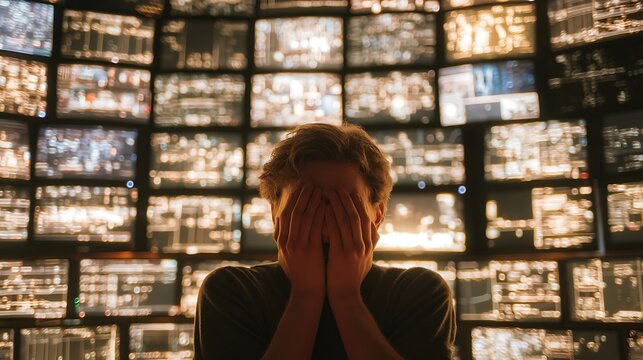 Person covering face with hands in front of multiple glowing screens filled with overwhelming news and data, digital burnout, cinematic lighting, high detail 