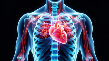 Human torso anatomy with glowing red heart and blue rib cage image