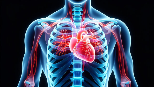 Human torso anatomy with glowing red heart and blue rib cage image - Powered by Adobe