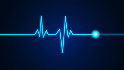 Neon blue electrocardiogram waveform against dark background heartbeat pulse