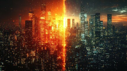Futuristic Metropolis: A Divided Cityscape at Dawn