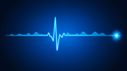 Neon blue electrocardiogram waveform with bright starburst heartbeat pulse