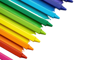 Vibrant wax crayon strokes diagonally transition from blue to soft pink on a transparent studio flat lay background, creating clean textures for text overlay. Concept of creative potential and