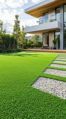 Modern House with Artificial Grass Lawn and Stone Pathway