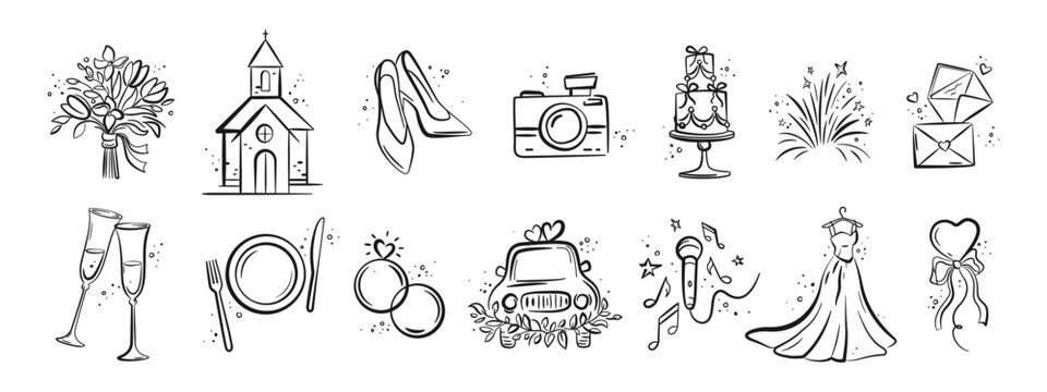 Wedding elements collection for timeline, menu, invitations, greeting cards, posters on wedding theme. Bride, Wedding, Love, celebration. Vector wedding illustrations