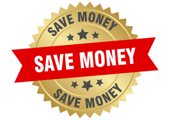 save money. save money round red and gold label isolated on transparent background