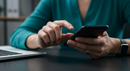 Close-up of Businesswoman Hands Using Smartphone and Wearing Smartwatch at Workspace, Professional Woman in Teal Blouse Browsing Mobile Content