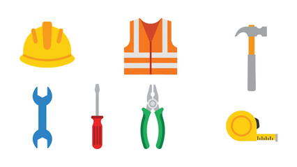Construction Tools and Safety Gear: A graphic depiction of essential construction tools and safety gear, including a hard hat, safety vest, hammer, wrench, screwdriver, pliers, and tape measure.
