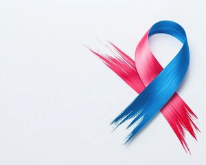 A vibrant pink and blue awareness ribbon, with brushstroke texture, against a light gray background