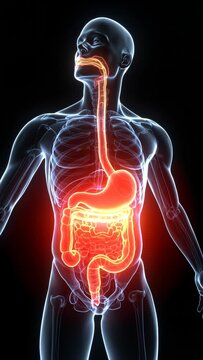 A glowing visualization of the human digestive system is displayed inside a transparent body outline. Concept of digestion and human anatomy. Vertical video