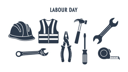 Fototapeta premium Labour Day Essential Toolkit: A collection of tools, and safety equipment representing labour, construction, craftsmanship and workers celebration.