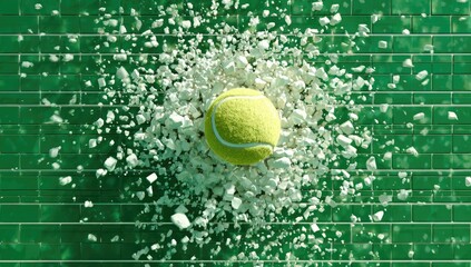 Tennis ball impacts a green wall with a powerful force.