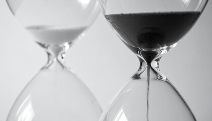Two transparent hourglasses, black and white sand, time flowing.
