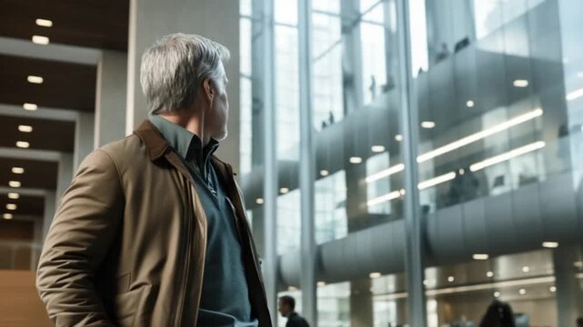 A middle-aged man stands confidently in a sleek, modern building. He takes in the impressive architecture while people move around him, creating a vibrant atmosphere