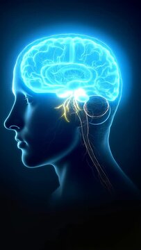 A human head profile is illustrated with a glowing red brain and yellow neural pathways extending through the body. Concept of neuroscience and nervous system, headache