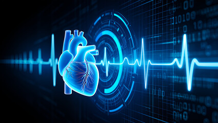 Blue anatomical heart with digital heartbeat and binary code image