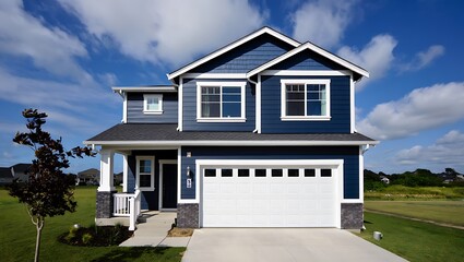 Modern dark blue two story house with white garage door and bright blue sky
