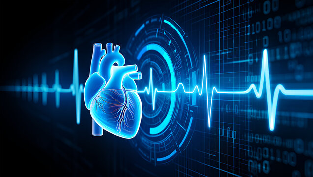 Blue anatomical heart with digital heartbeat and binary code image