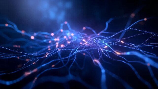 A digital visualization shows interconnected neural pathways with glowing signals traveling through them. Concept of neuroscience and neural network. - Powered by Adobe