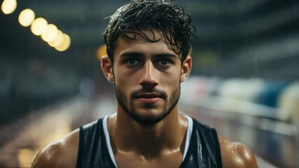 A determined athlete pushes through a rainy night training session. The soft glow of stadium lights creates a moody atmosphere as he focuses on his performance