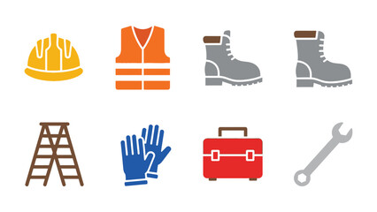 Essential Construction Elements: A vibrant array of construction essentials. Including safety helmet, high-visibility vest, sturdy boots, reliable ladder, protective gloves, durable toolbox.