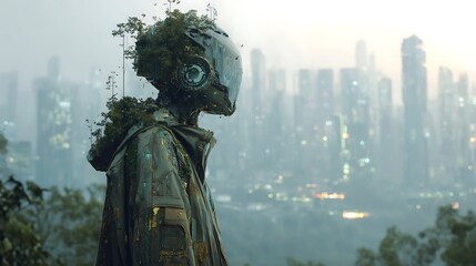 Person wearing weathered clothes standing tall in front of rapidly changing cityscape blending nature and technology, embodying resilience and adaptation, futuristic yet grounded 