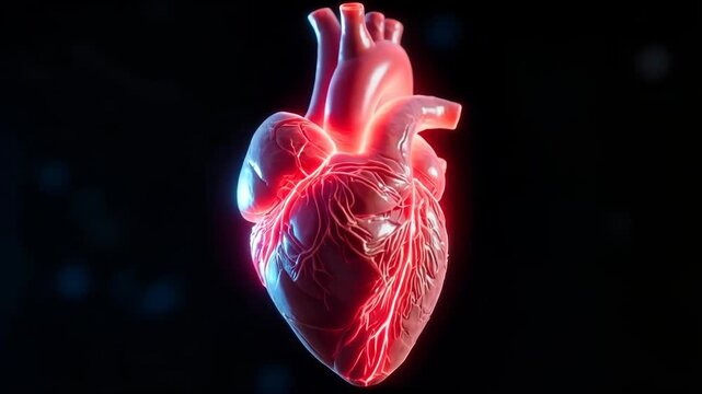 Human heart with glowing arteries and veins highlighting blood circulation on a dark background. Concept of cardiology and human anatomy.