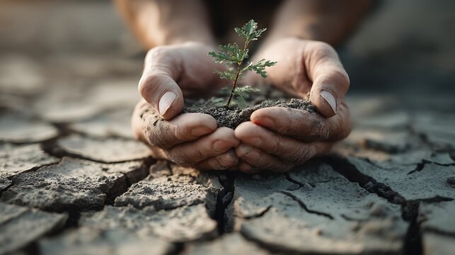 Close-up of hands gently holding a fragile seedling growing from cracked earth, metaphor for personal growth and adaptability in uncertain times, soft natural light 