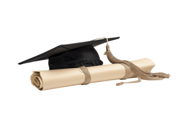 Graduation cap and diploma isolated on transparent or white background. Symbol of education, success, academic achievement, ceremony, and scholarly honor.