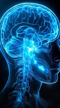A digital illustration shows a glowing human brain with neural pathways and the nervous system inside a transparent head. Concept of neuroscience and human intelligence. Vertical video