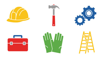 Construction Essentials: A collection of essential construction tools and safety equipment, ready for any project. Featuring a yellow helmet, a hammer, cogwheel gears, a toolbox, work gloves.