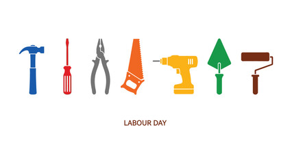 Labor Day Tools: A vibrant display of essential tools stands in a neat row, each representing the essence of labor and craftsmanship, celebrating the dedication and hard work.