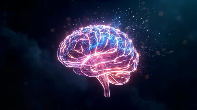 A glowing purple human brain is floating in space with electric energy patterns surrounding it. Concept of neural network and artificial intelligence.