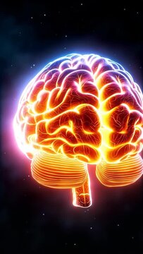 A glowing human brain is floating in space with electric energy patterns surrounding it. Concept of neural network and artificial intelligence. Vertical video