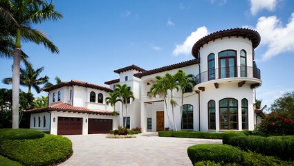 Obraz premium Luxurious mediterranean style mansion with palm trees and blue sky