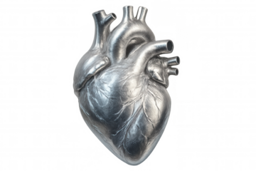 Silver metallic anatomical heart model isolated on transparent background, symbolizing healthcare innovation and medical technology