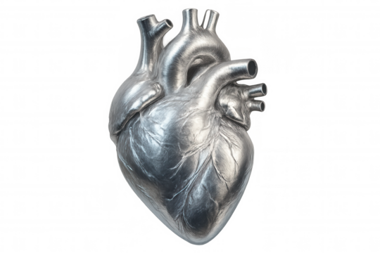 Silver metallic anatomical heart model isolated on transparent background, symbolizing healthcare innovation and medical technology