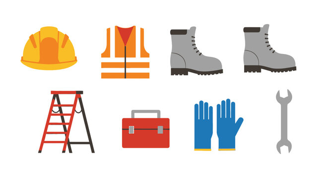 Construction Essentials: A vibrant collection of construction and industrial safety tools and protective gear is arranged. Featuring a hard hat, safety vest, work boots, ladder, toolbox, gloves.