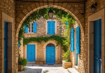 Obraz premium Charming stone archway reveals a picturesque mediterranean village street with vibrant blue doors and windows