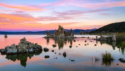 Lakeside rock formations at sunset