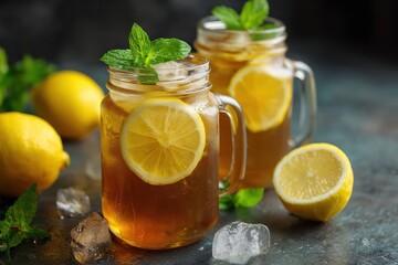 Refreshing Mason Jar of Iced Tea with Lemon Slice and Fresh Mint Leaves