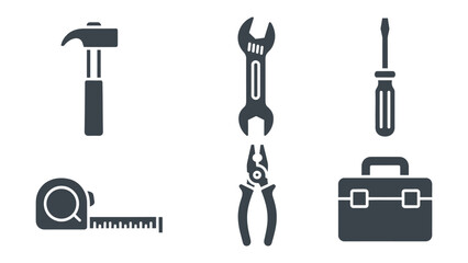 Essential Tools: A collection of essential tools arranged to symbolize craftsmanship, featuring a hammer, wrench, screwdriver, tape measure, pliers, and toolbox.
