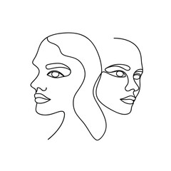 Minimalist single line drawing two female profiles facing opposite directions abstract
