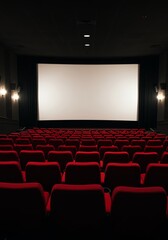 Obraz premium Classic Cinema Theater Interior with Vibrant Red Seating Rows and Blank White Projector Screen for Motion Picture Advertising and Layouts