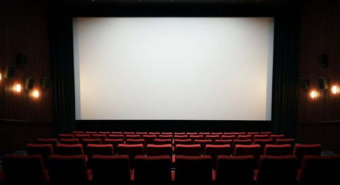 Cinematic View of Empty Auditorium with Red Seats and Bright White Projection Screen for Movie Teaser Background and Film Industry Commercial Template