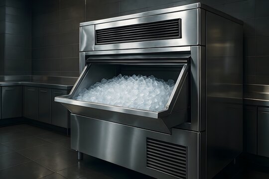A commercial ice machine with its bin full of ice cubes, standing in a professional kitchen environment with stainless steel surfaces
