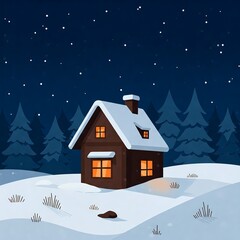 Fototapeta premium Cozy Winter Landscape with a Wooden House and Snow-Covered Trees at Night